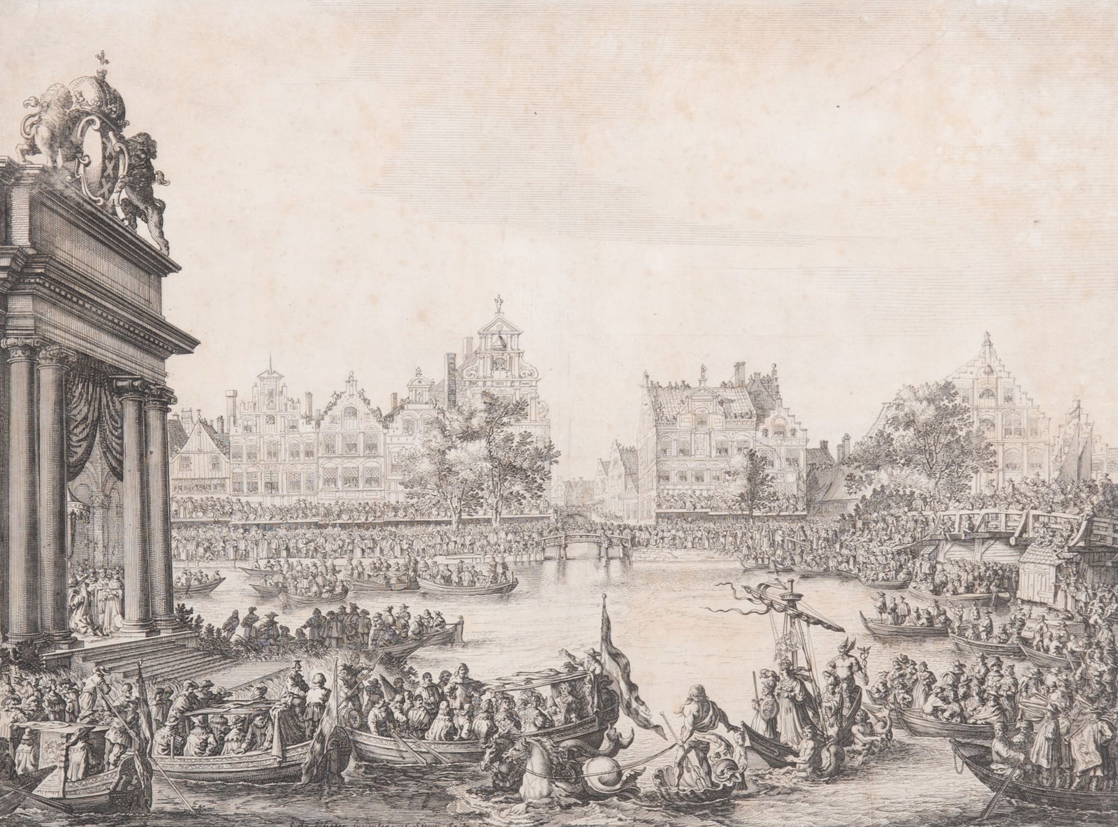 Simon De Vlieger, Netherlands (1601-1653), Arrival of Maria De'Medici, engraving from steel plate on: Simon De VliegerNetherlands, (1601-1653)Arrival of Maria De'Mediciengraving from steel plate on handmade papersigned lower center, framed.11 x15 inches; overall with frame: 17 1/2 x 21 inches