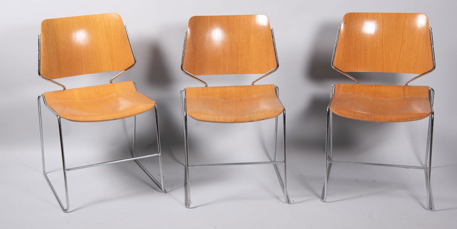 Set Of Six David Rowland Walnut and Chrome Side Chairs.: Set Of Six David Rowland Walnut and Chrome Side Chairs.