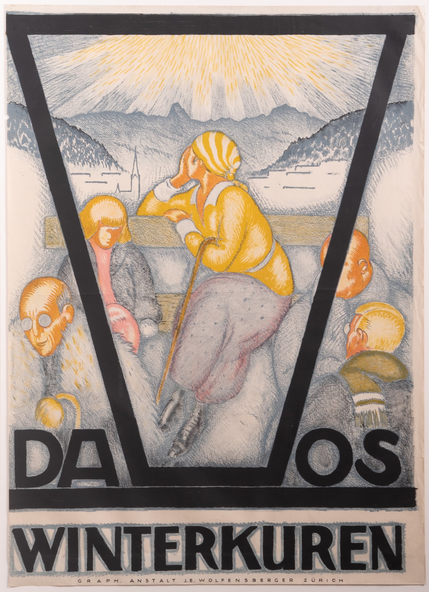 Burkhard Mangold, Swiss (1873-1950), "V" Davos - Winterkurken, 1916, color lithographic poster (1 of 5)