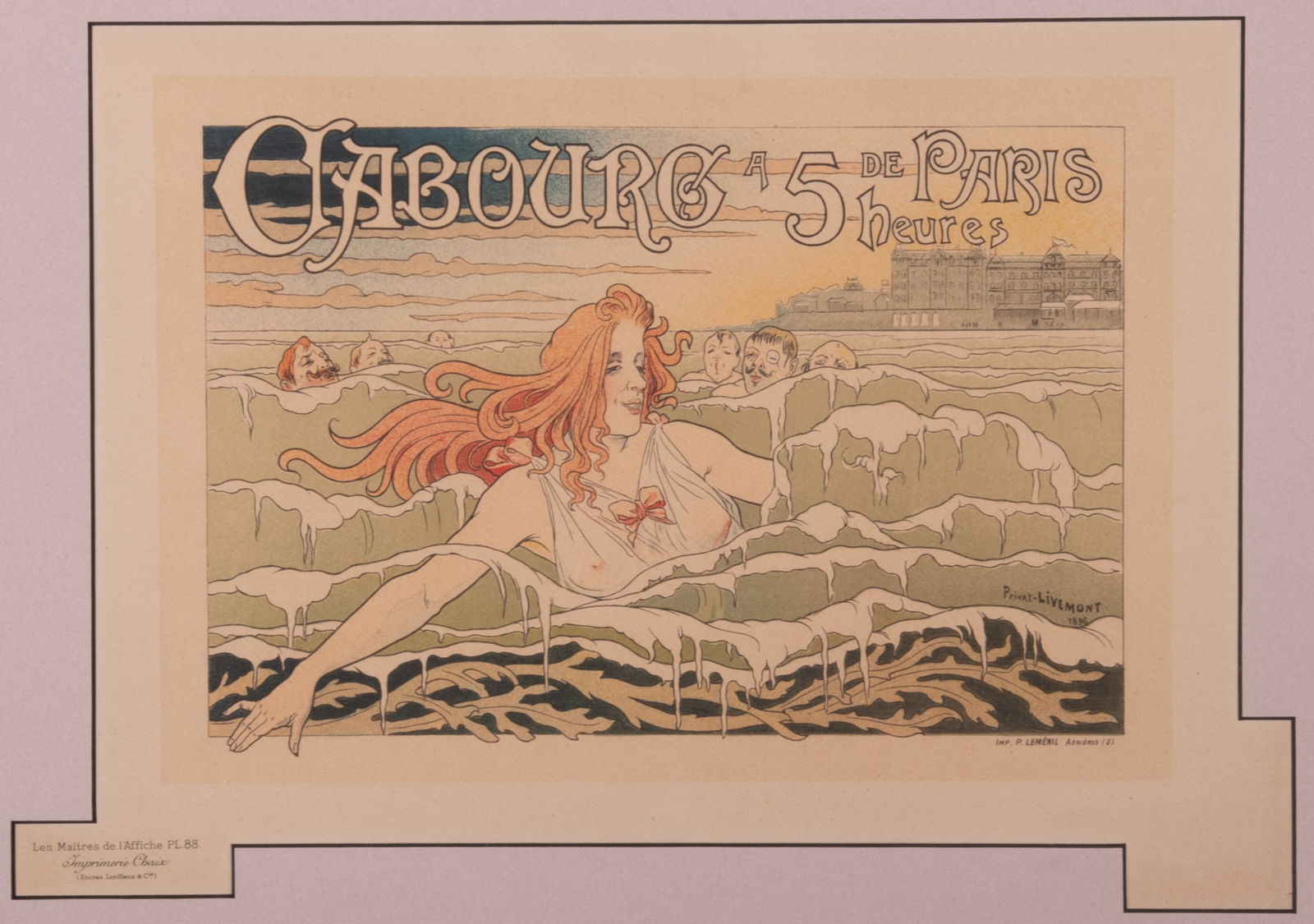 After Georges Henri Privat-Livemont, Belgian (1861-1936), Cabourg a 5 Heures de Paris, color: After Georges Henri Privat-LivemontBelgian, (1861-1936)Cabourg a 5 Heures de Pariscolor lithographprinted by P. Lemenil, Plate 88, blindstamp lower right, framed,8 1/2 x 12 1/2 inches (art) 18 x 22 in