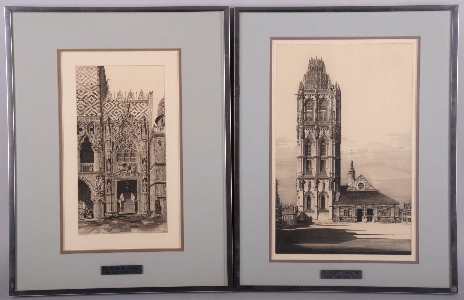John Taylor Arms, Two Etchings, The Enchanted Doorway 1930 and Church of the Madeleine 1939: John Taylor Arms, Two Etchings, The Enchanted Doorway 1930 and Church of the Madeleine 1939Enchanted Doorway signed and dated lower right in pencil, trial proof XIV II in pencil lower left. 227 (229).