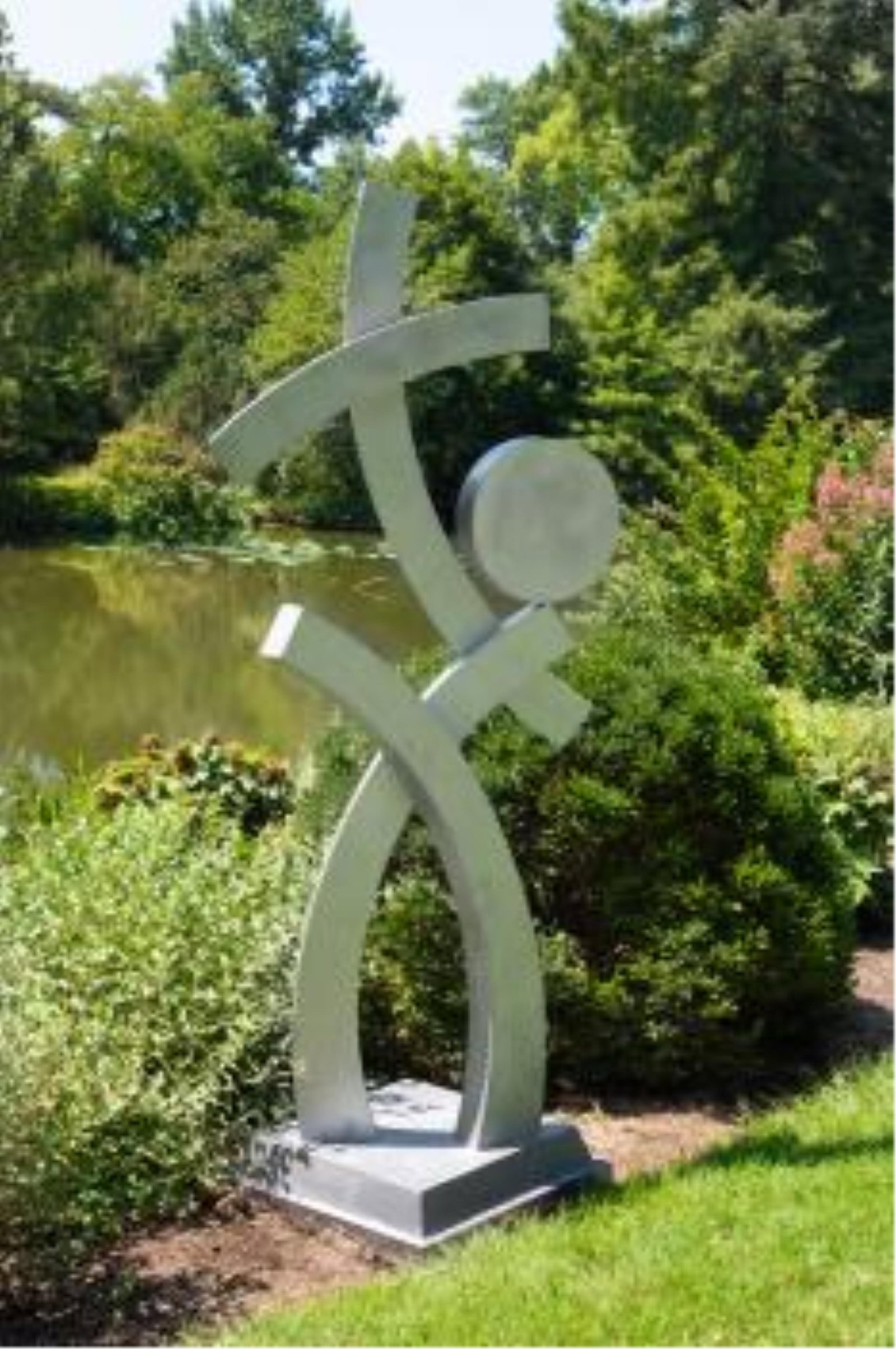 Contemporary Abstract Metal Outdoor Sculpture, Arcs and Circle: Contemporary Abstract Metal Outdoor Sculpture, Arcs and Circle Finished with titanium paint. Height: 100 inches