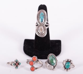 Native American Rings Set w/Turquoise, Coral & Abalone