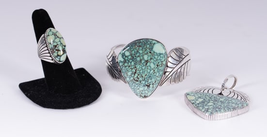 Sterling Jewelry Suite w/Green Spotted Turquoise - Artist signed