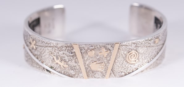 Sterling Native American Cuff w/14K Symbols Throughout