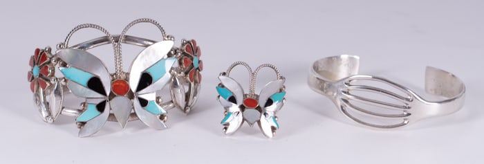 Marvelous Zuni Inlaid Butterfly Bracelet & Ring signed R Wallace