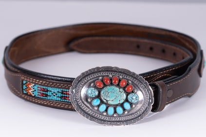Navajo Belt Buckle Signed w/Handmade Leather Belt