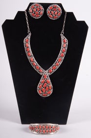 Navajo Signed Coral-Sterling Necklace Bracelet & Earrings