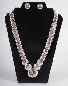 Navajo Sterling Turquoise & Coral Necklace w/Earrings