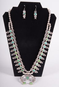 Navajo Squash Blossom Sterling Green Turquoise Artist Signed