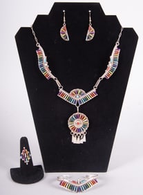 Zuni Multi Stone Petit Point Sterling Necklace, Earrings, Bracelet & Ring
