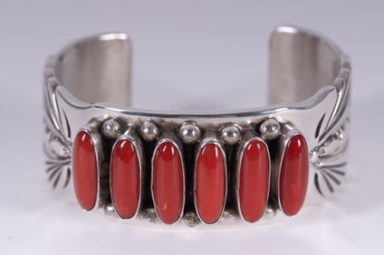 Sterling-Coral Native American Cuff-Artist Signed