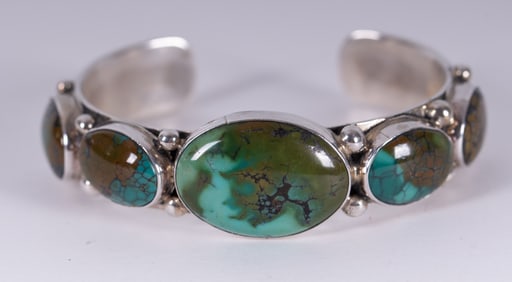 Sterling Green Turquoise Native American Cuff - Signed