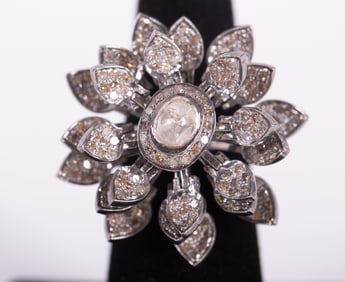 Antique Style Sterling Silver Mughal Style Flexible Flower with Diamond Rose Cuts Ring