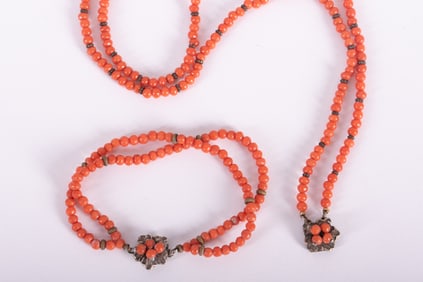 Vintage Double Strand Coral Choker/Necklace with Matching Bracelet