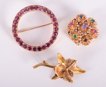14K Ruby Circle Brooch Together With 18K Gemstone Clasp & 18K Orchid Brooch