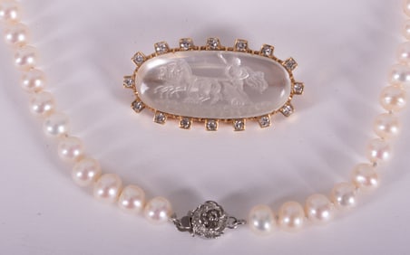 Vintage Carved Mother of Pearl Cameo Brooch w/Diamonds