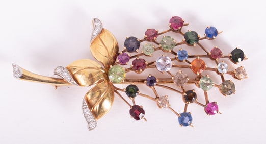 14K Floral Brooch Showcasing Diamonds & Multi Semi Precious Stones
