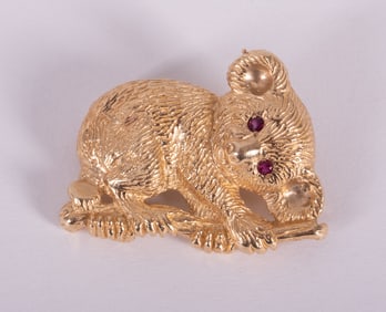 14K Yellow Gold Panda Brooch w/Ruby Eyes