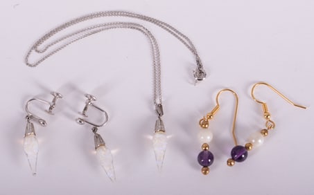 Pair of Pearl, Amethyst and Gold Bead Earrings together with Floating Opal Suite