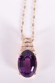 14K Yellow Gold Amethyst Diamond Pendant w/Chain