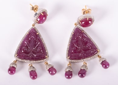 14K Gold and Silver Natural Hand Carved Rubies and Diamond Chandelier Earrings