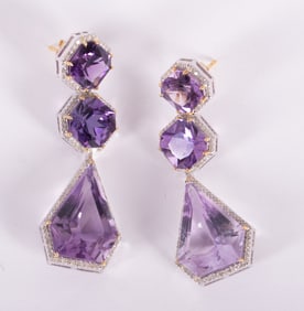 14K Gold and Silver Amethyst Fancy Shape and Diamond Earrings