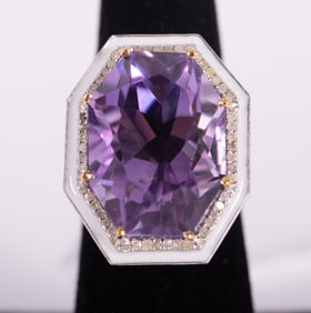 14K Gold and Silver Amethyst and Diamond Hand Made White Enamel Ring