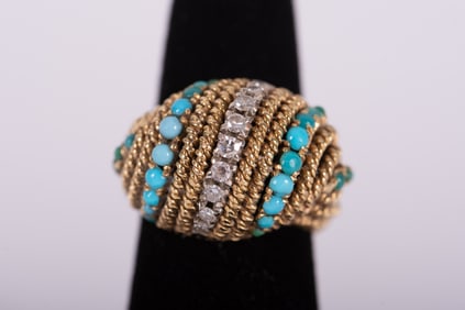 Beautiful 18K Yellow Gold Dome Ring w/Diamonds & Turquoise