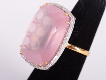 14K Gold and Silver Natural Large Rose Quartz and Diamond Ring
