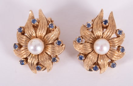 14K Yellow Pearl and Sapphire Earrings