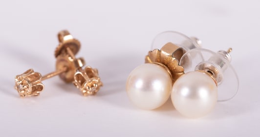 Cultured Pearl Earrings plus Small Floret Diamond Earrings
