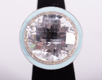 14K Gold and Silver Natural Large Rock Crystal and Sky Blue Enamel and Diamond Ring