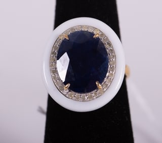 18K Gold Natural Blue Sapphire with Diamond and White Enamel Ring