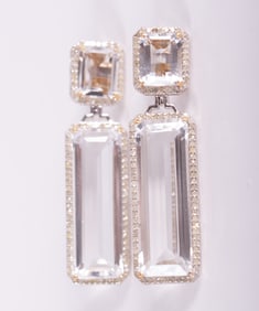 14K Gold and Silver Rock Crystal and Diamond Ear Pendants