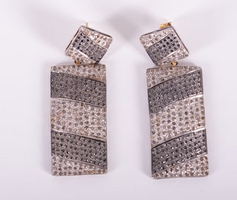 14K Gold and Silver Mughal Hyderabadi Vintage Style Diamond Two Tone Rectangular Earrings