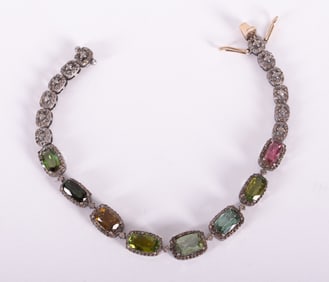 14K Gold and Silver Multi Color Tourmaline and Diamond Bracelet