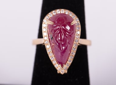 14K Gold Natural Hand Carved Mughal Motif Ruby Cabochon and Diamond Ring