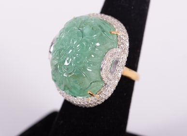 14K Gold and Silver Natural Hand Carved Large Emerald Cabochon and Diamond Ring