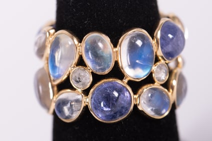 18K Gold Moonstone and Tanzanite Diamond Double Stack Band Ring