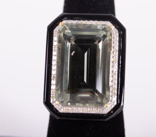 14K Gold and Silver Natural Green Prasiolite Amethyst, Black Onyx and Diamond Ring