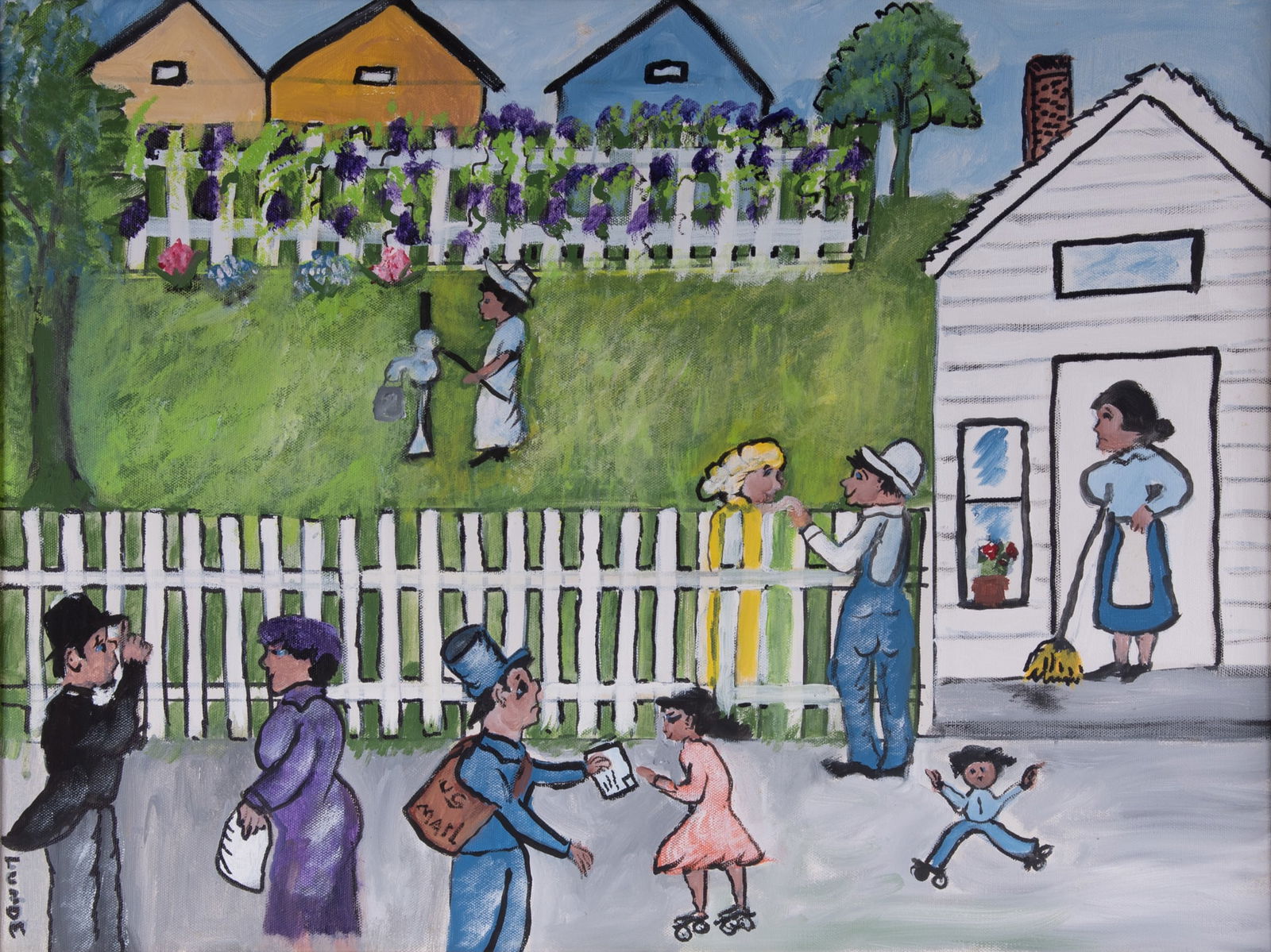 Emily Lunde, 1914, Naif Outdoor Scene with Figures, oil on canvas (1 of 5)