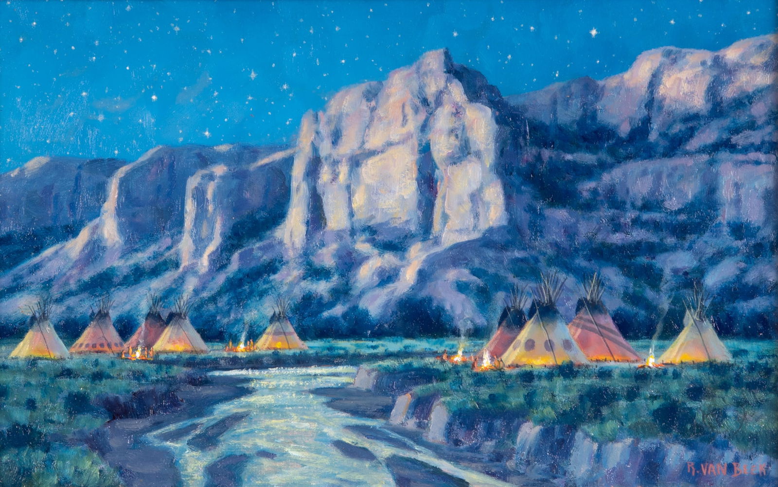 Randy Van Beek, Washington, Pacific North West (b.1958), Native Encampment Landscape, oil on canvas (1 of 6)