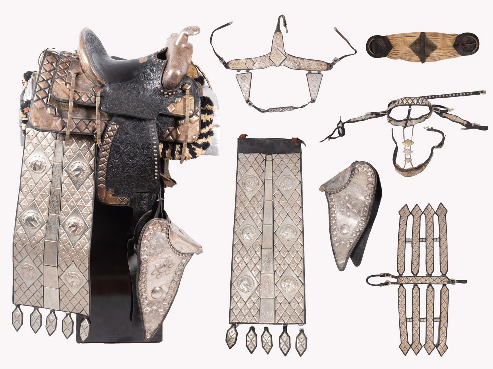 Edward H. Bohlin, Sweden / Hollywood (1895-1980). Saddle, Bridle, and Breast Collar, a Complete Para: Edward H. Bohlin, Sweden / Hollywood (1895-1980). Complete Parade Ensemble with Saddle, Matching Serape, Bridle and Breast Collar with some Additional Elements by Ted Flowers.A complete ensemble with