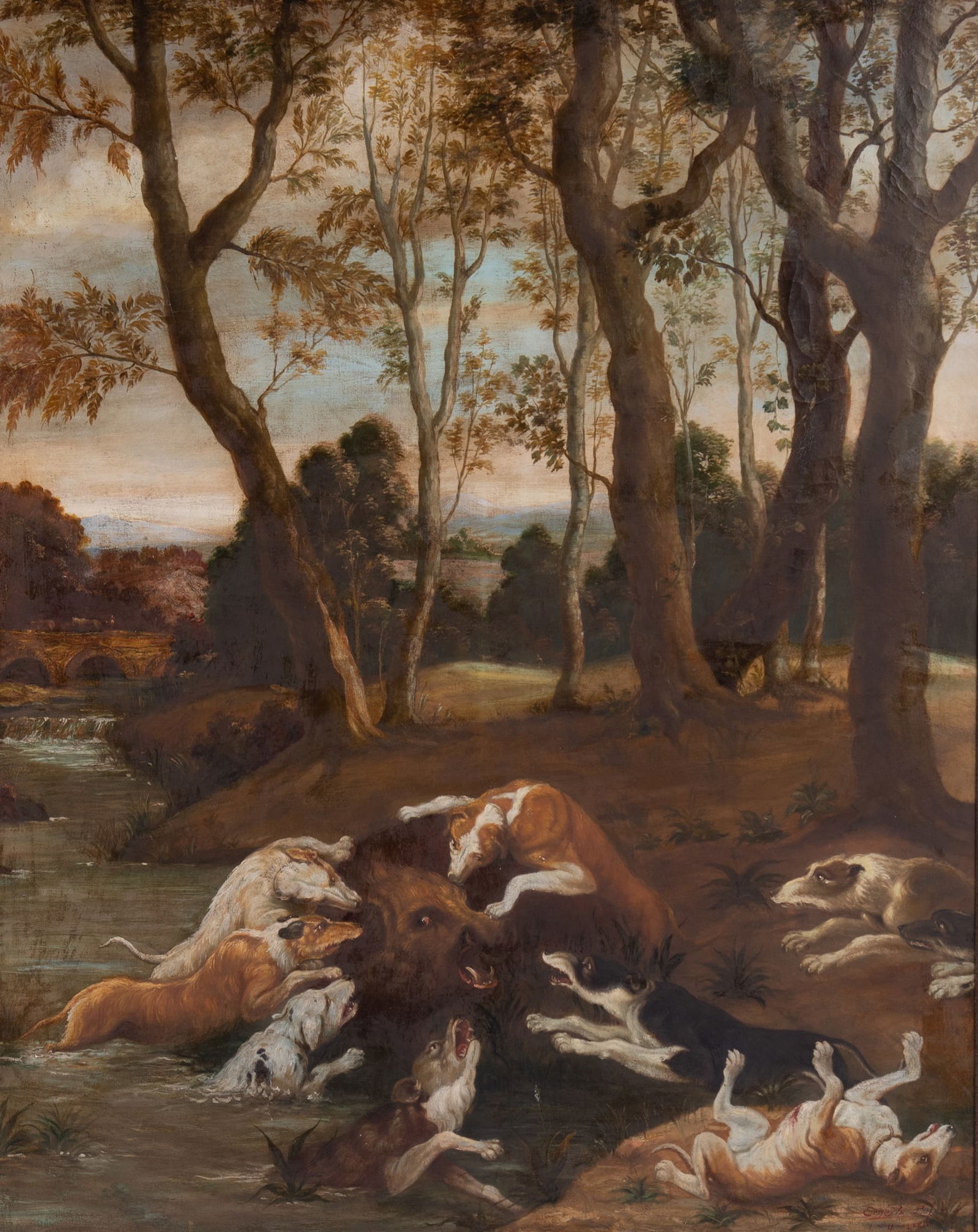 Ernesto Lofer, Continental School Early 20th Century, Hunting Dogs Attacking a Wild Boar, 1923, oil (1 of 6)