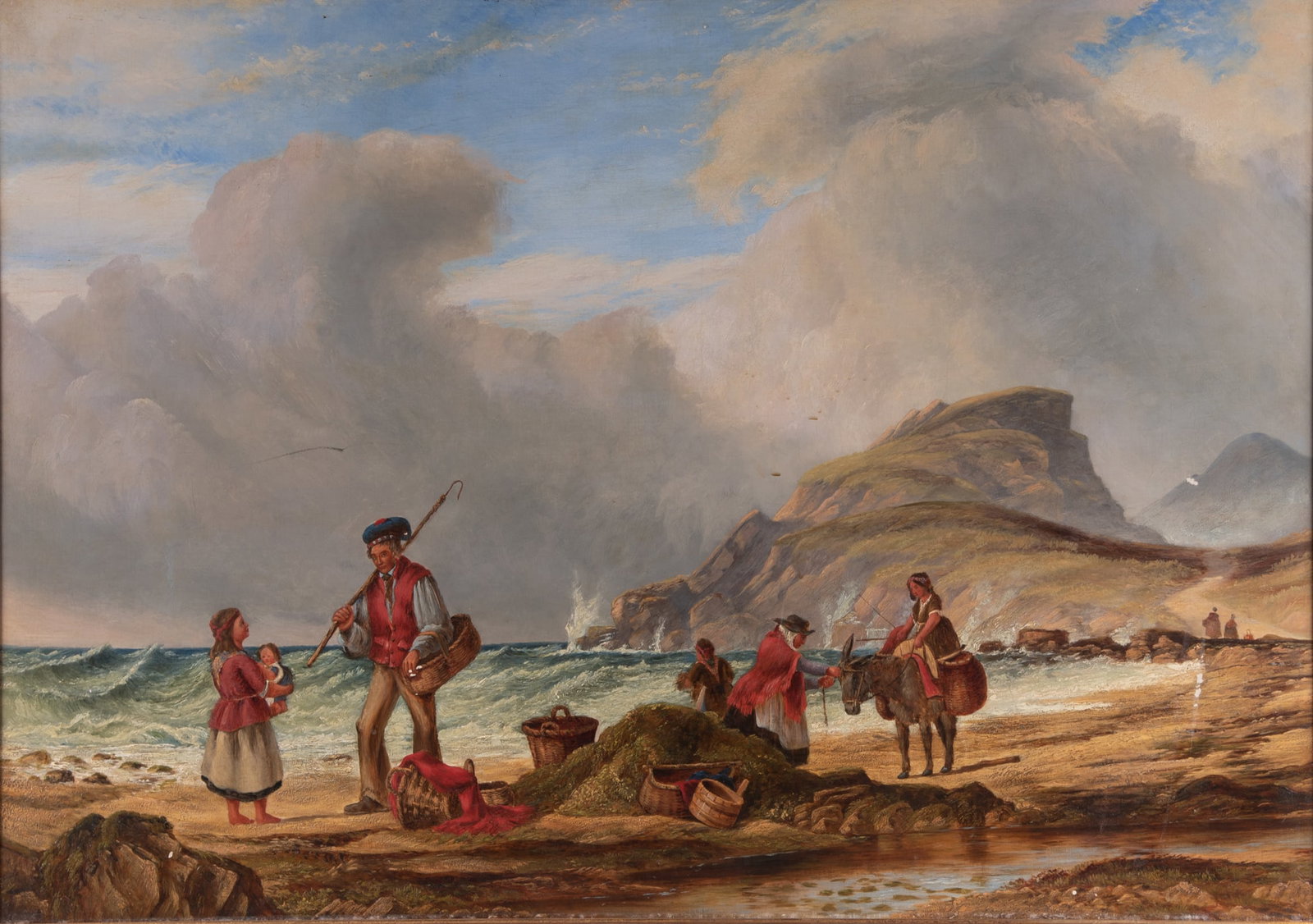 British School 19th Century, Fisherfolk at the Shore, oil on canvas: British School, 19th Century Fisherfolk at the Shore oil on canvas gilt-framed. 27 1/2 x 39 inches