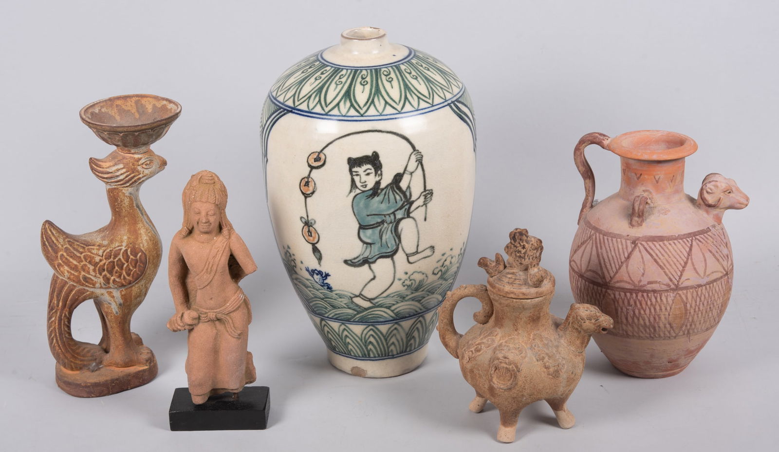A Collection of Vintage Chinese and Asian Decorative Objects: A Collection of Vintage Chinese and Asian Decorative ObjectsLot includes a 14in glazed pottery vase with a dancing figure and poem to the reverse, a covered pottery ritual vessel, a figural pottery fi