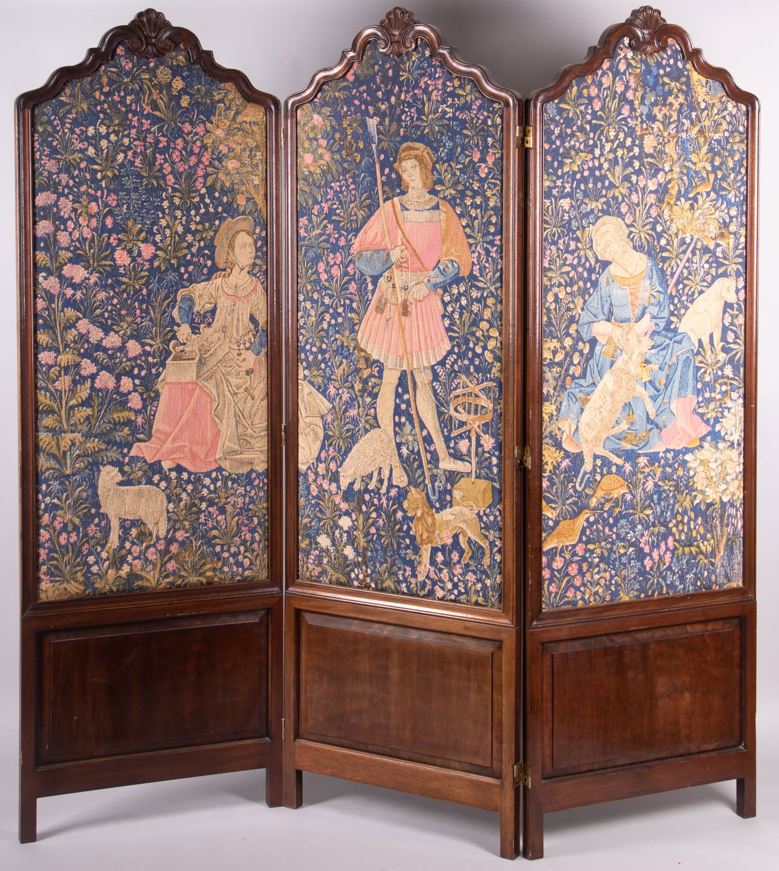 Three-Panel Room Screen with Transfer Printed Designs after Medieval Tapestries (1 of 5)