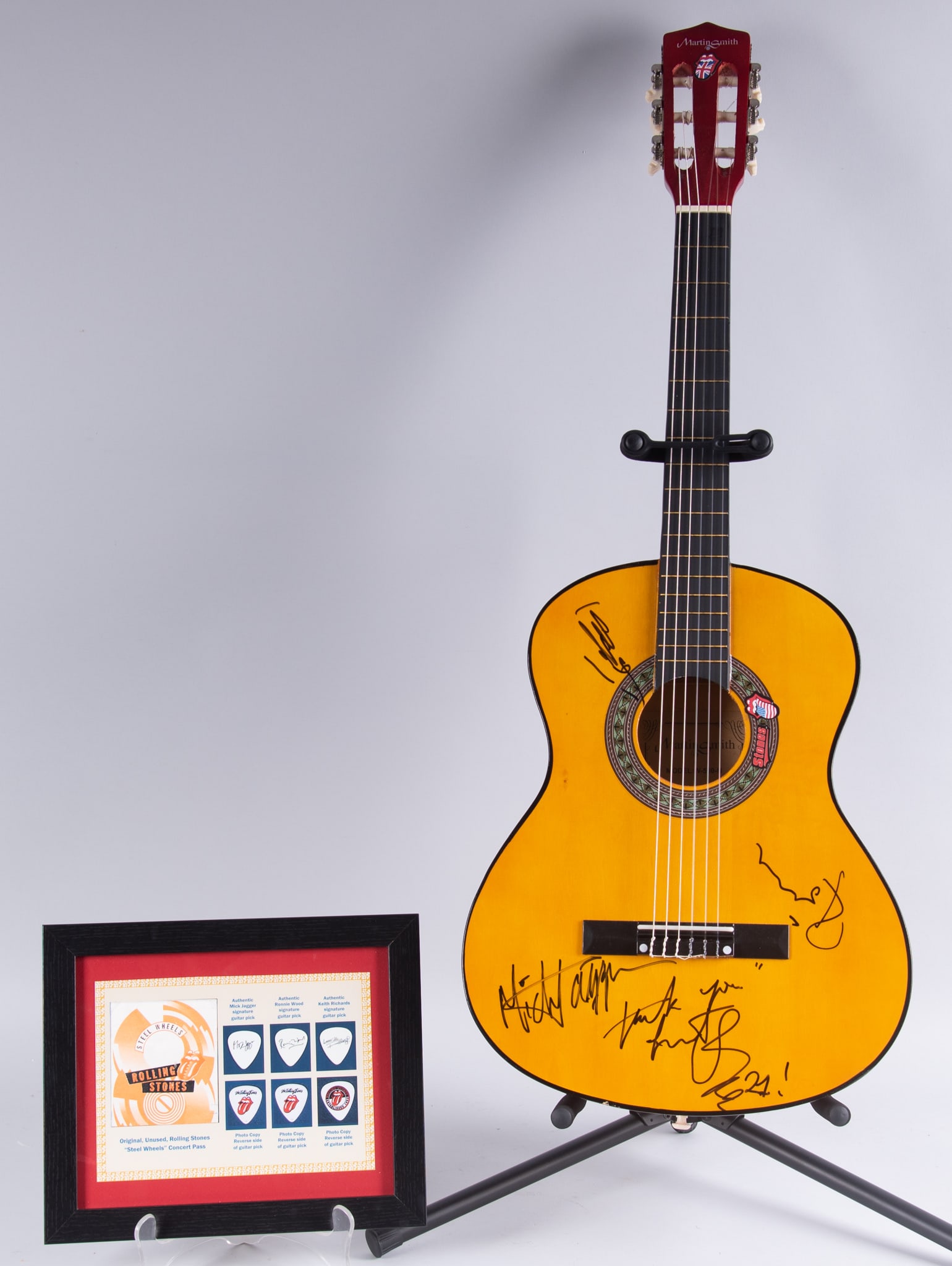 THE ROLLING STONES SIGNED ACOUSTIC GUITAR WITH BONUS FRAMED CONCERT PASS AND THREE GUITAR PICKS (1 of 5)