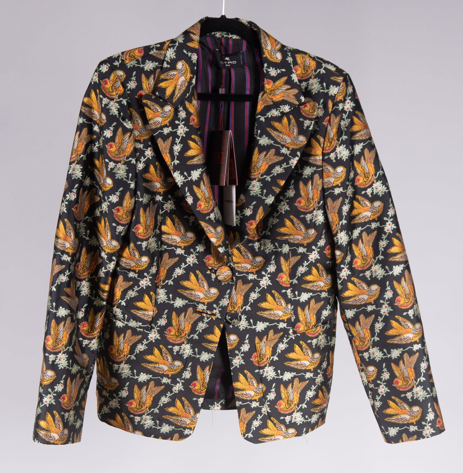 Etro, Milano, Jacket Bird Motif, Retailed by Farfetch: Etro, Milano, Jacket Bird Motif, Retailed by FarfetchThis stunning jacket has never been worn, with original tags intact. Retail tag $2,800. 100% polyester, size 46.